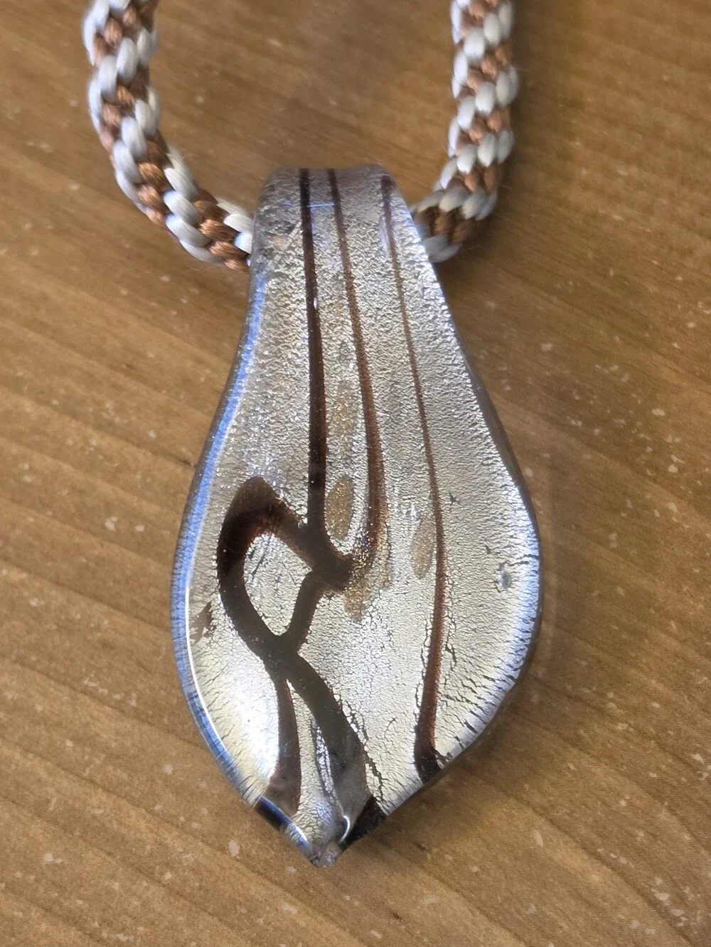 Glass Pendant Necklace Choker Style Braided Cord Chocolate & Glittery Silver